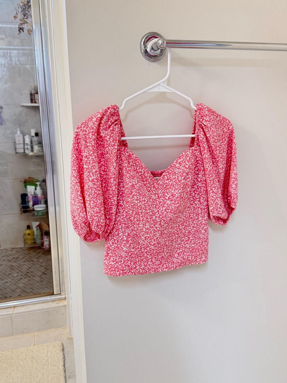Abercrombie and fitch Pink Puff Sleeve Floral Square Neck Top